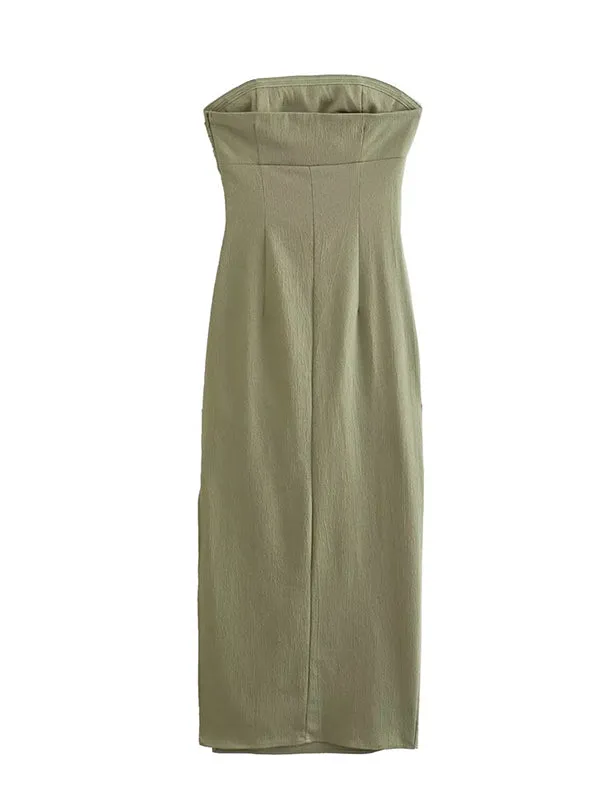 Momnfancy Light Khaki Off Shoulder Bandeau Shirred Baby Shower Party Maternity Midi Dress