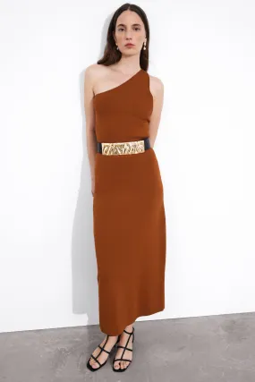 One-Shoulder Midi Dress - Asymmetric neckline - Sleeveless - Brown - Ladies | H&M GB