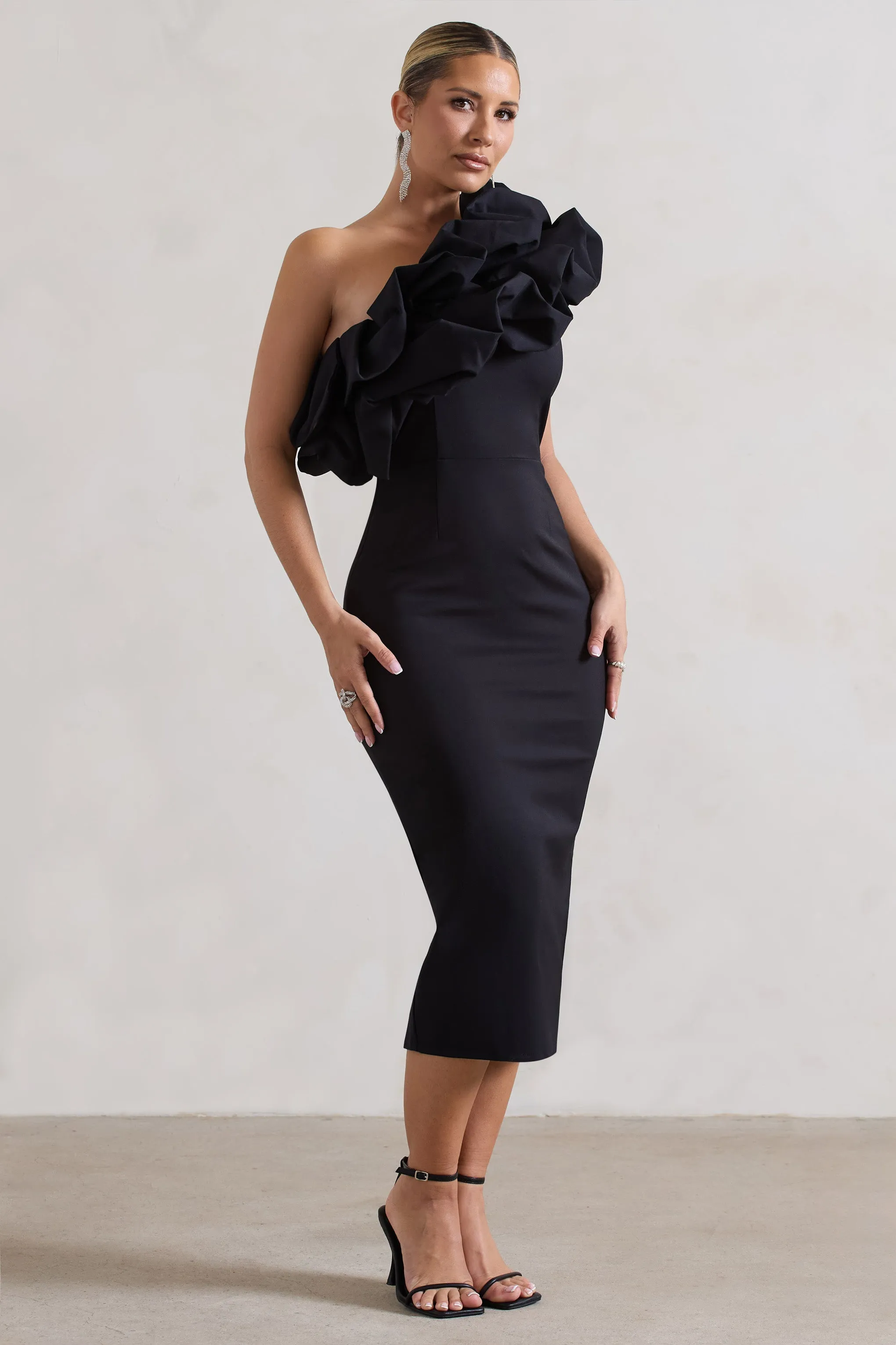 Orchestra | Black One Shoulder Ruffled Midi Dress