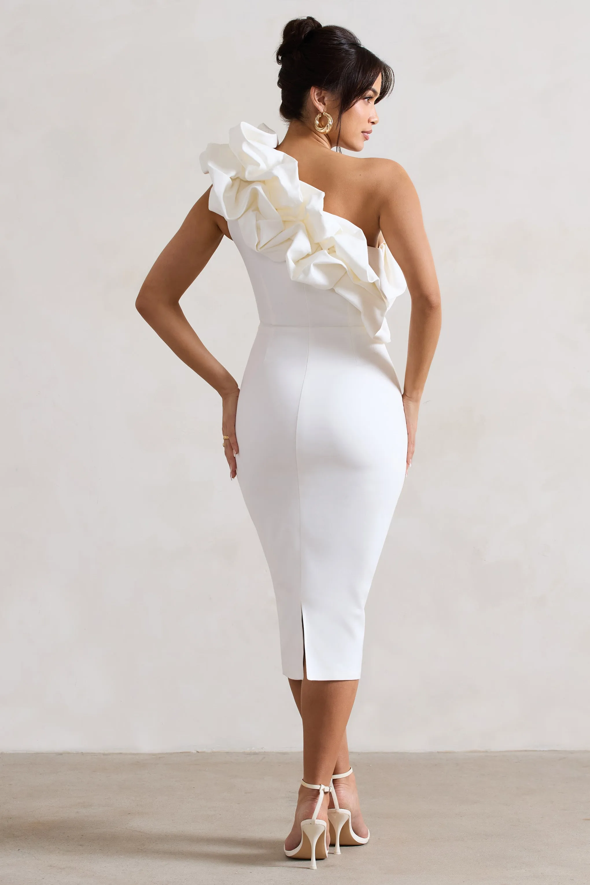 Orchestra | White One Shoulder Ruffled Midi Dress