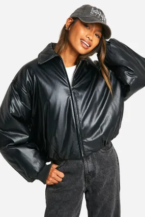 Padded Faux Leather Bomber Jacket