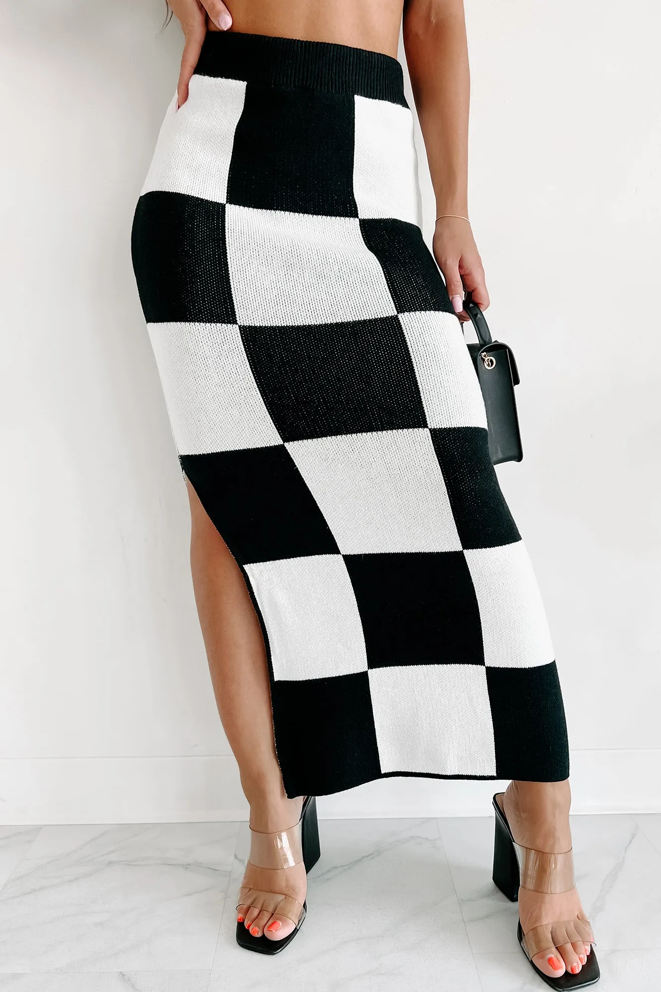 Pawns In My Game Sweater Knit Checkered Maxi Skirt (Black/White)