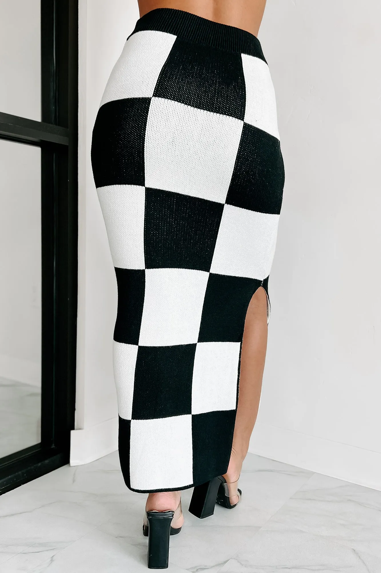 Pawns In My Game Sweater Knit Checkered Maxi Skirt (Black/White)