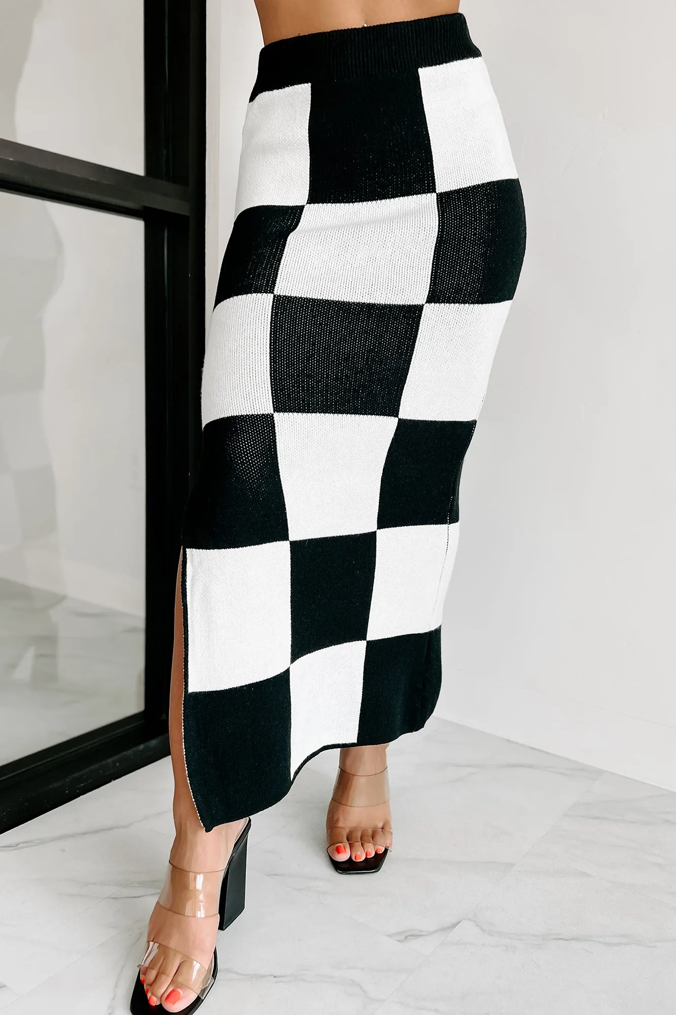 Pawns In My Game Sweater Knit Checkered Maxi Skirt (Black/White)