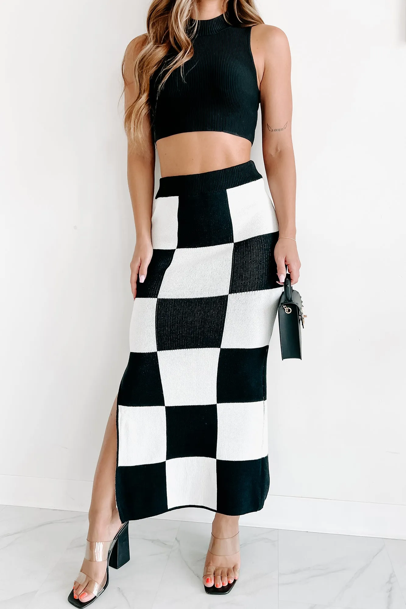 Pawns In My Game Sweater Knit Checkered Maxi Skirt (Black/White)