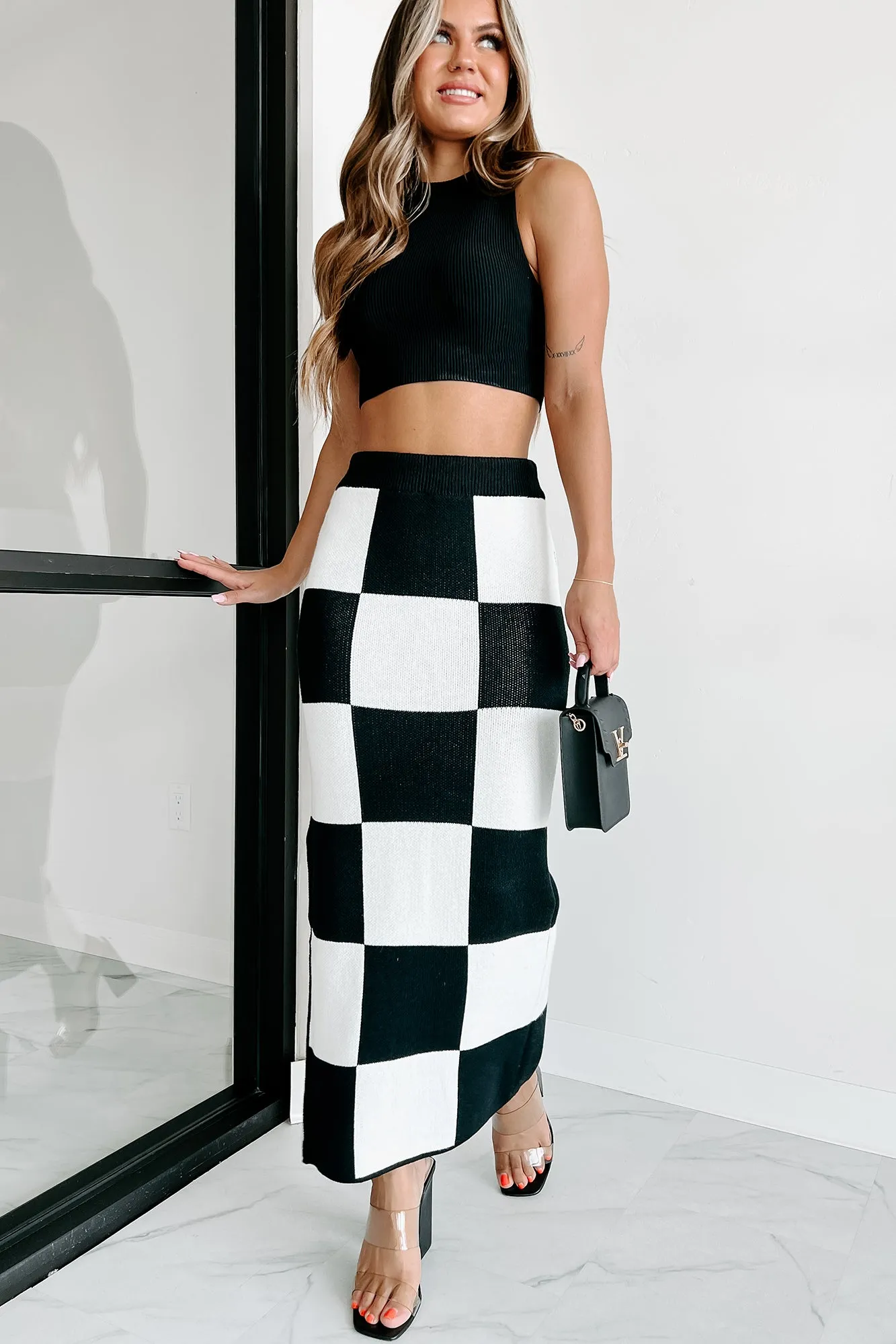 Pawns In My Game Sweater Knit Checkered Maxi Skirt (Black/White)