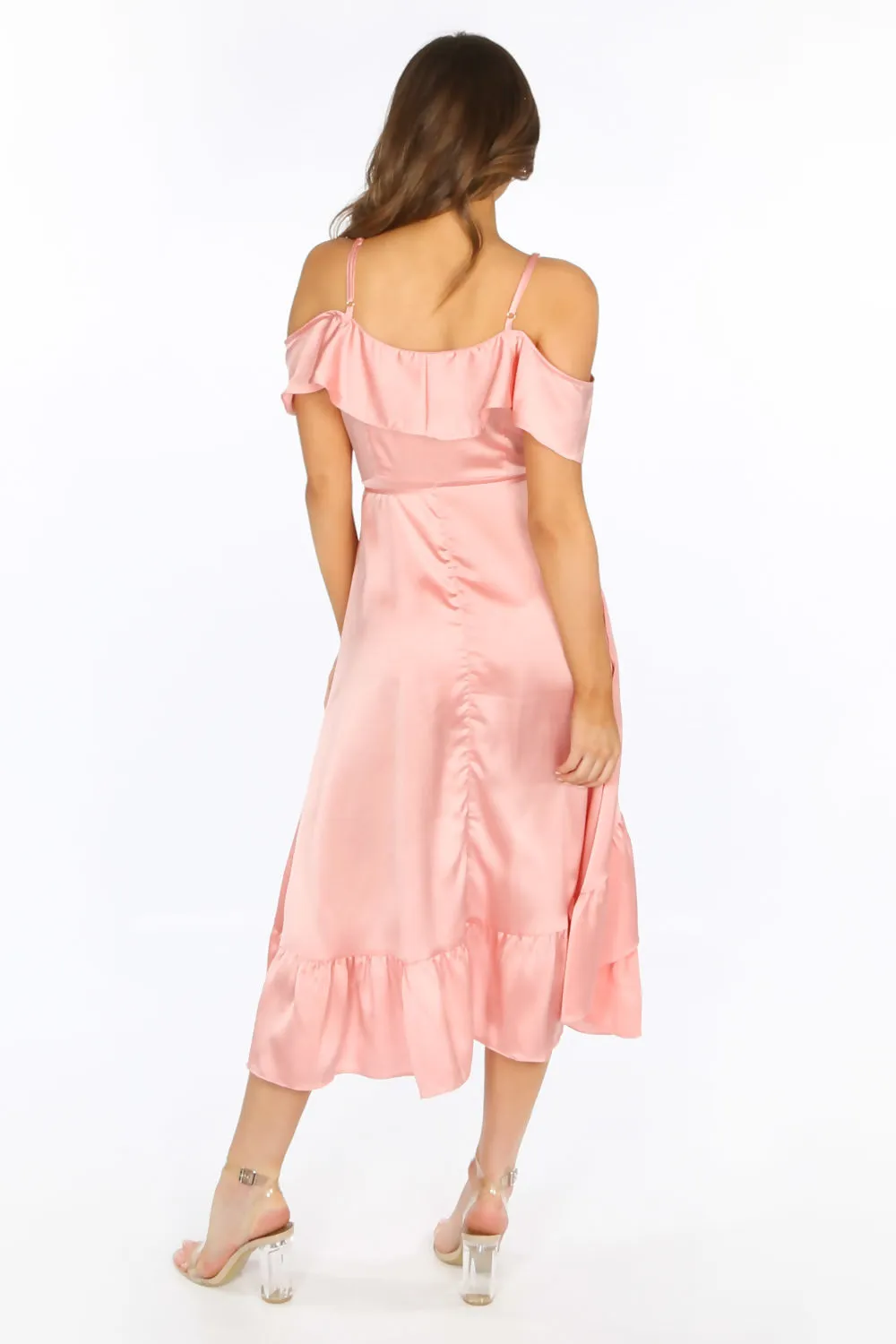 Pink Cold Shoulder Satin Midi Wrap Dress