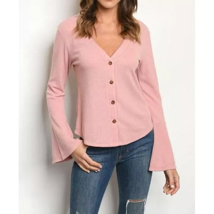 Pink Ribbed Bell Sleeve Top