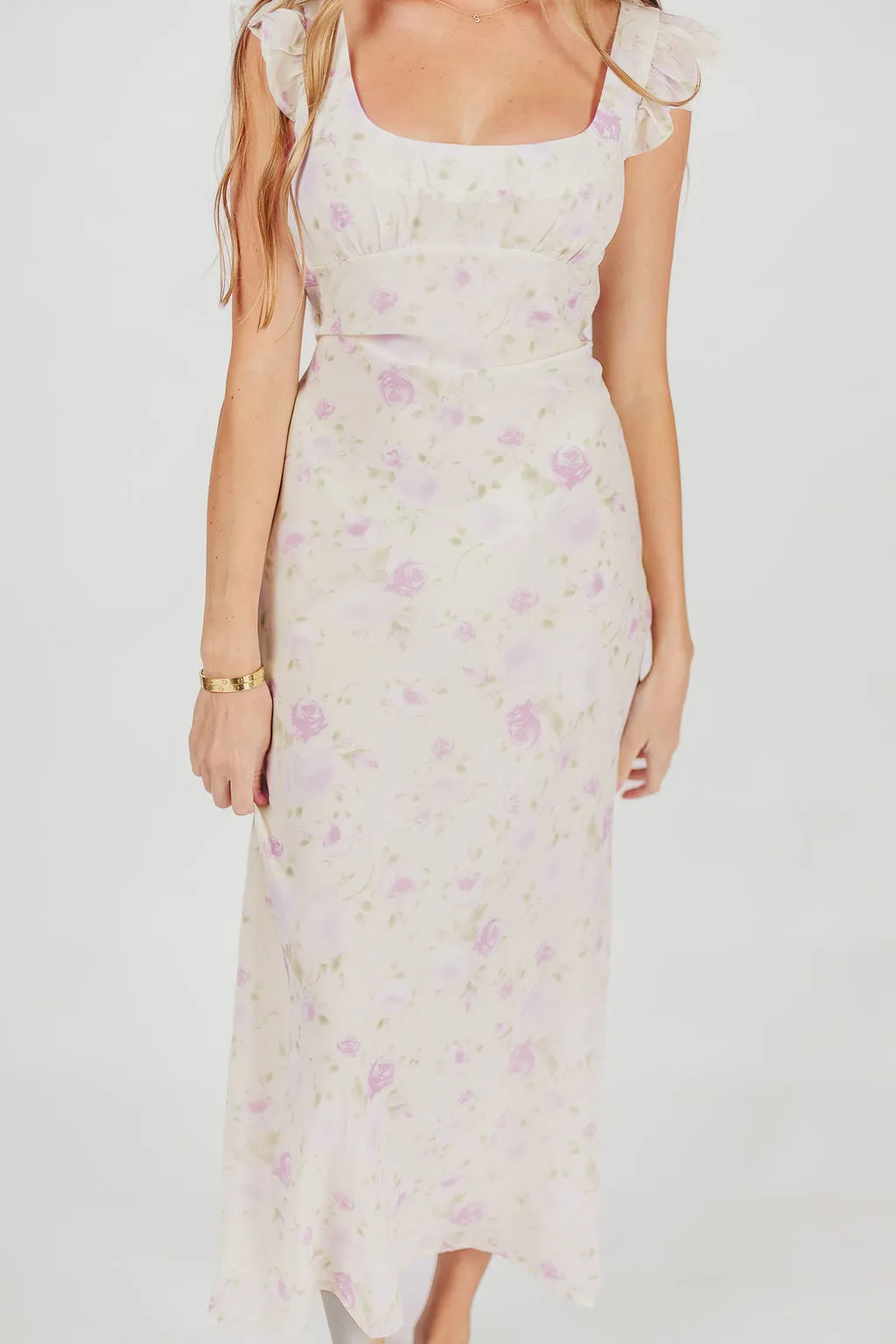 Pisa Floral Chiffon Midi Dress with Ruffle Shoulder in Lemon