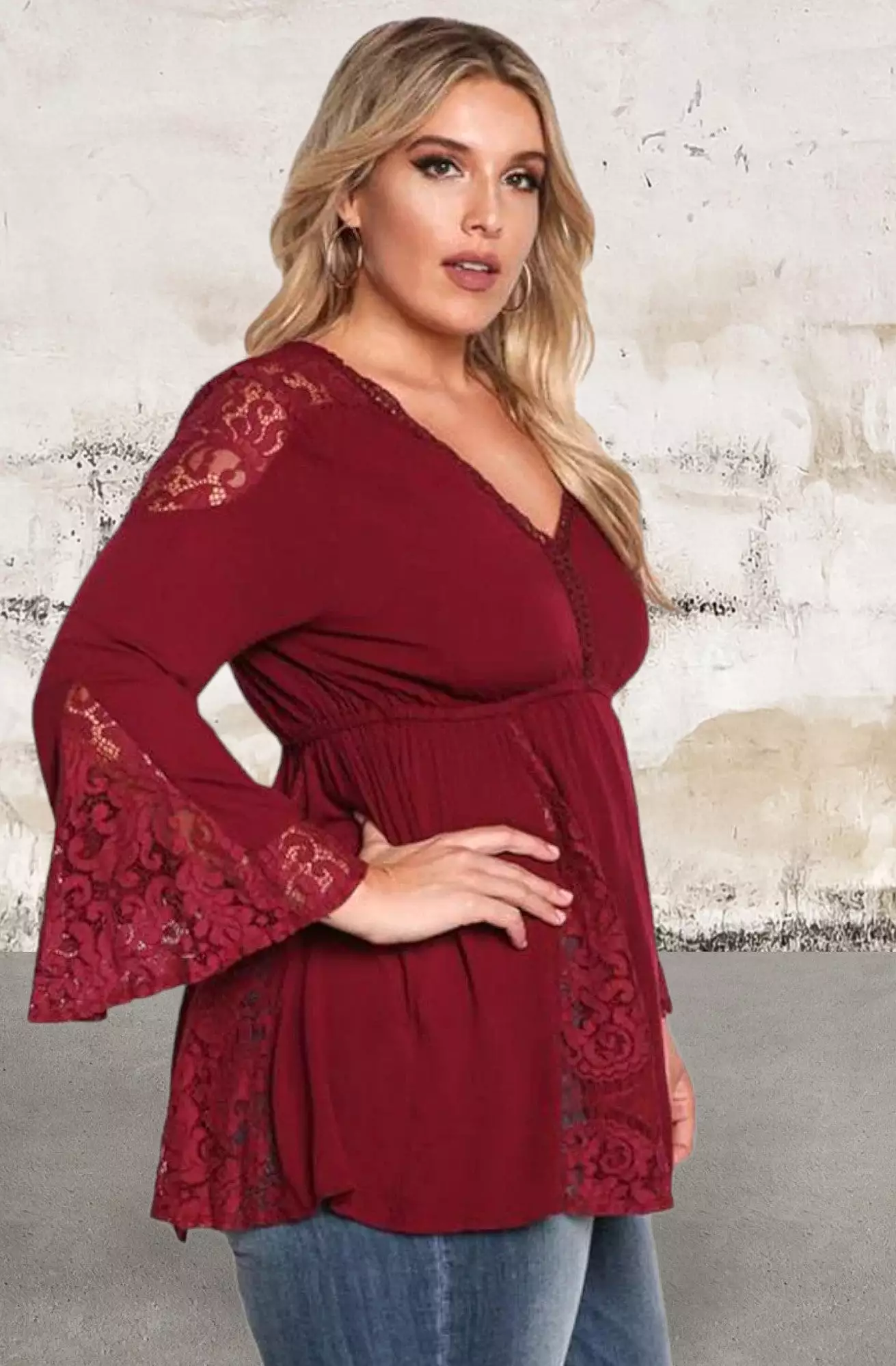 Plus size v neck lace insert bell sleeve top