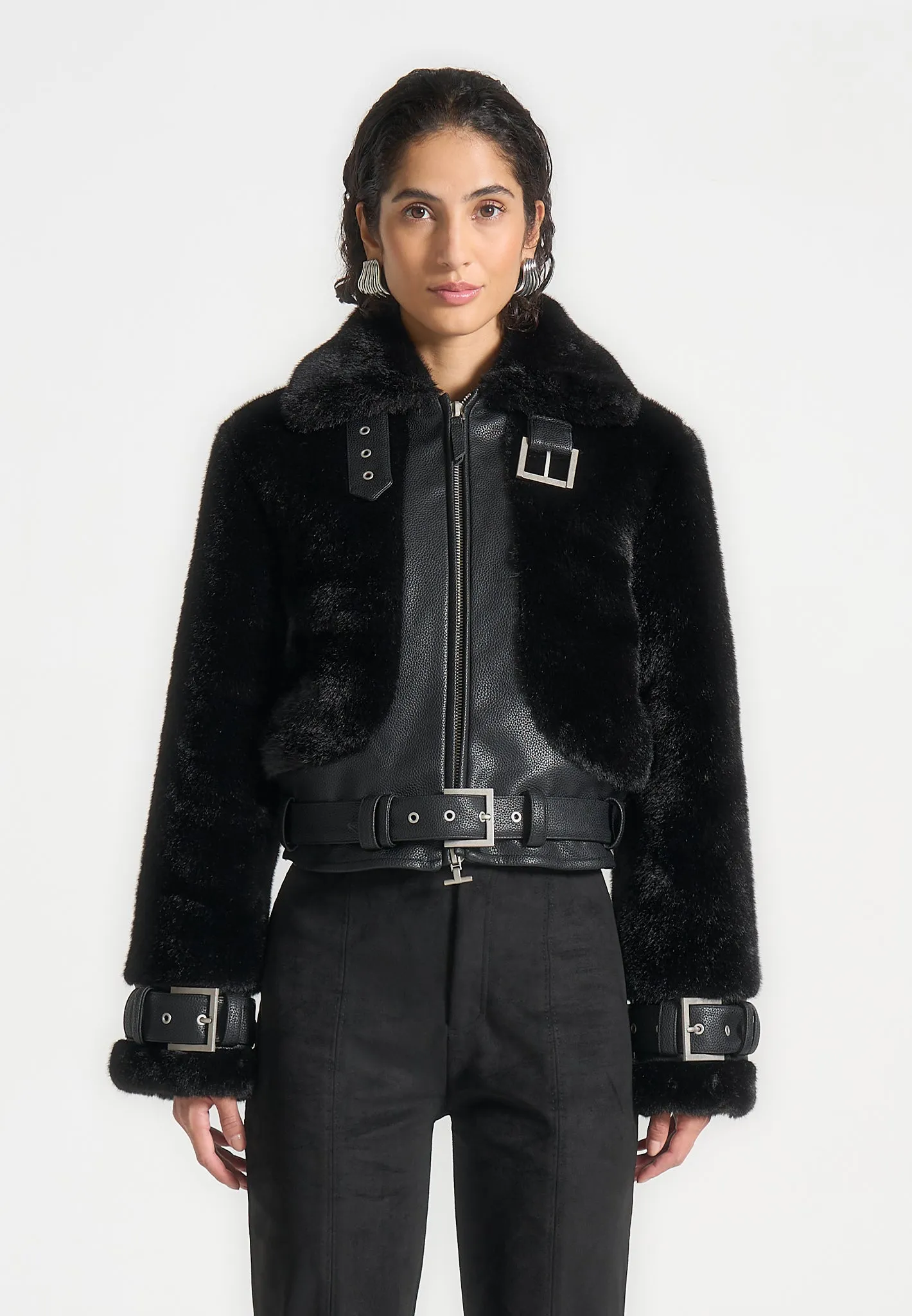 Plush & Leather Belted Jacket - Black