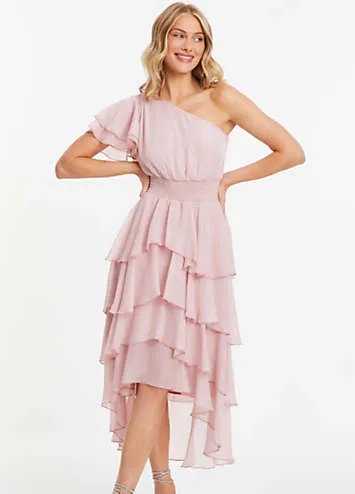 Quiz Pink Metallic Chiffon Asymmetric Shoulder Tiered Frill Midi Dress with Shirred Waist | Grattan