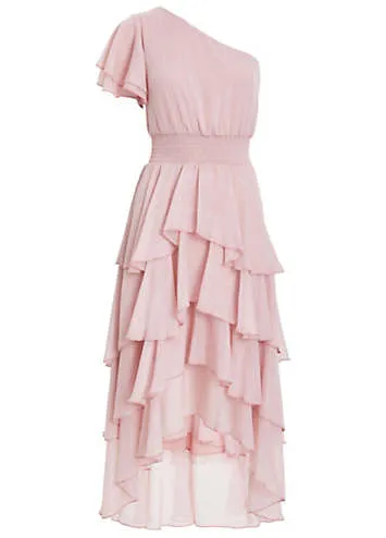 Quiz Pink Metallic Chiffon Asymmetric Shoulder Tiered Frill Midi Dress with Shirred Waist | Grattan