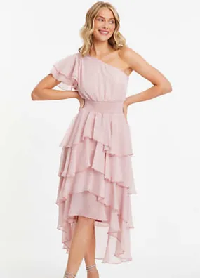 Quiz Pink Metallic Chiffon Asymmetric Shoulder Tiered Frill Midi Dress with Shirred Waist | Grattan