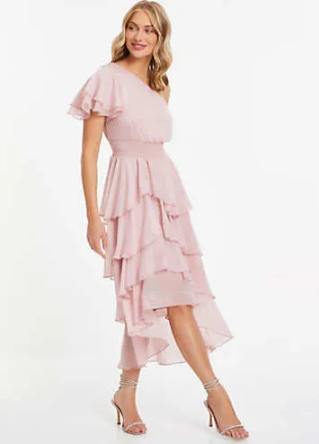 Quiz Pink Metallic Chiffon Asymmetric Shoulder Tiered Frill Midi Dress with Shirred Waist | Grattan