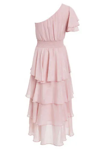 Quiz Pink Metallic Chiffon Asymmetric Shoulder Tiered Frill Midi Dress with Shirred Waist | Grattan