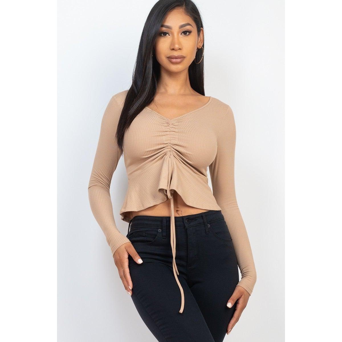 Ribbed Drawstring Front Long Sleeve Peplum Top