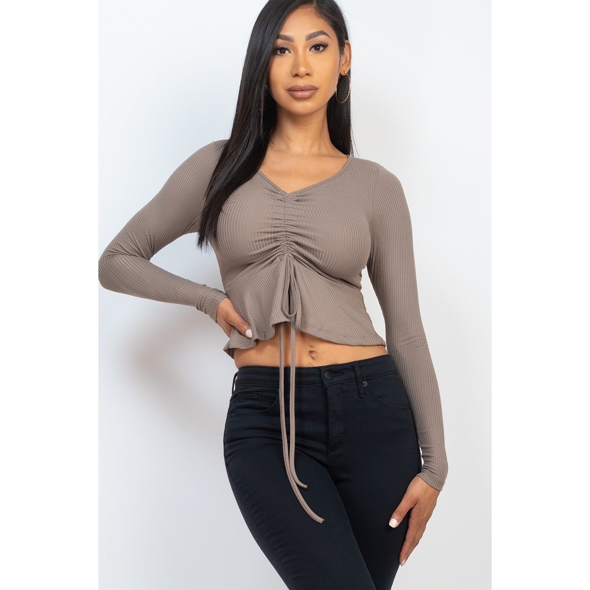 Ribbed Drawstring Front Long Sleeve Peplum Top