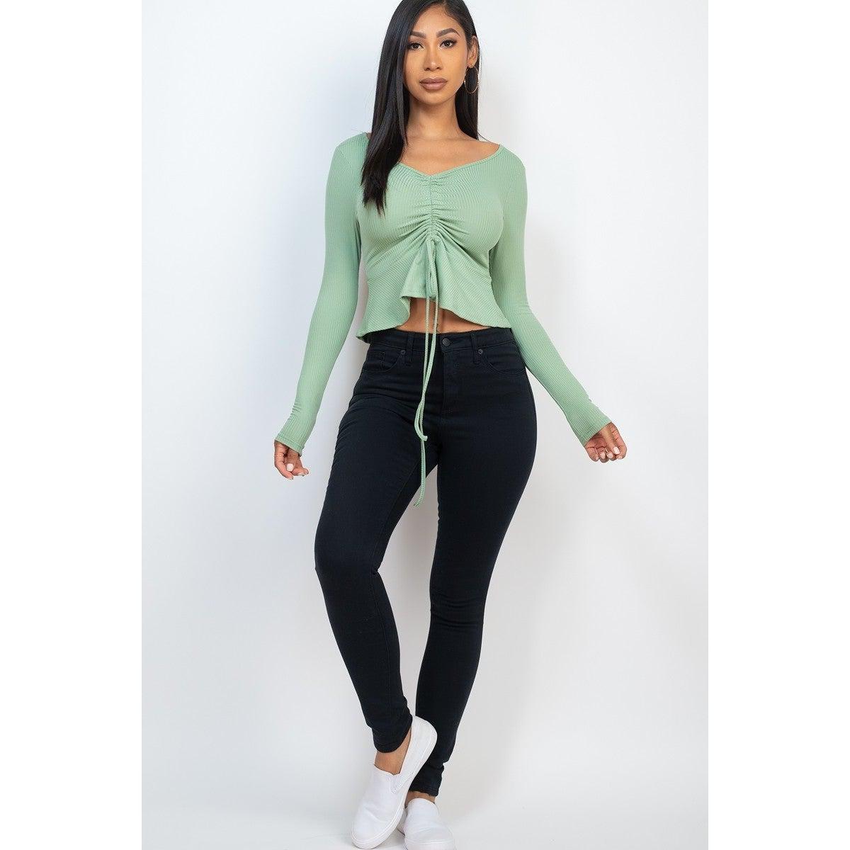 Ribbed Drawstring Front Long Sleeve Peplum Top