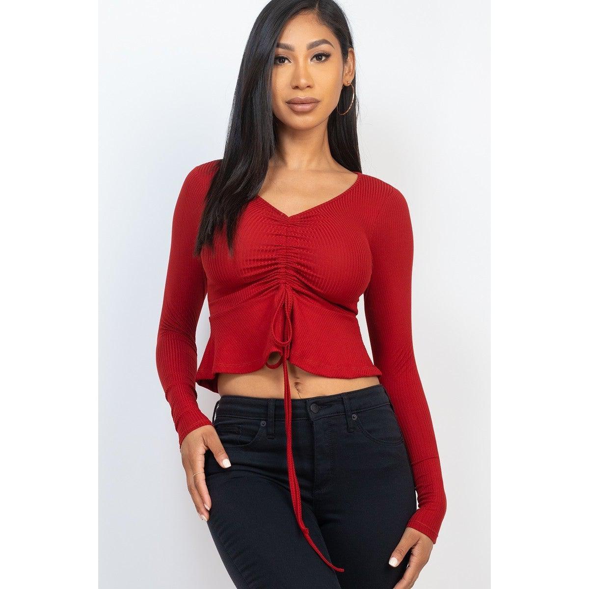 Ribbed Drawstring Front Long Sleeve Peplum Top