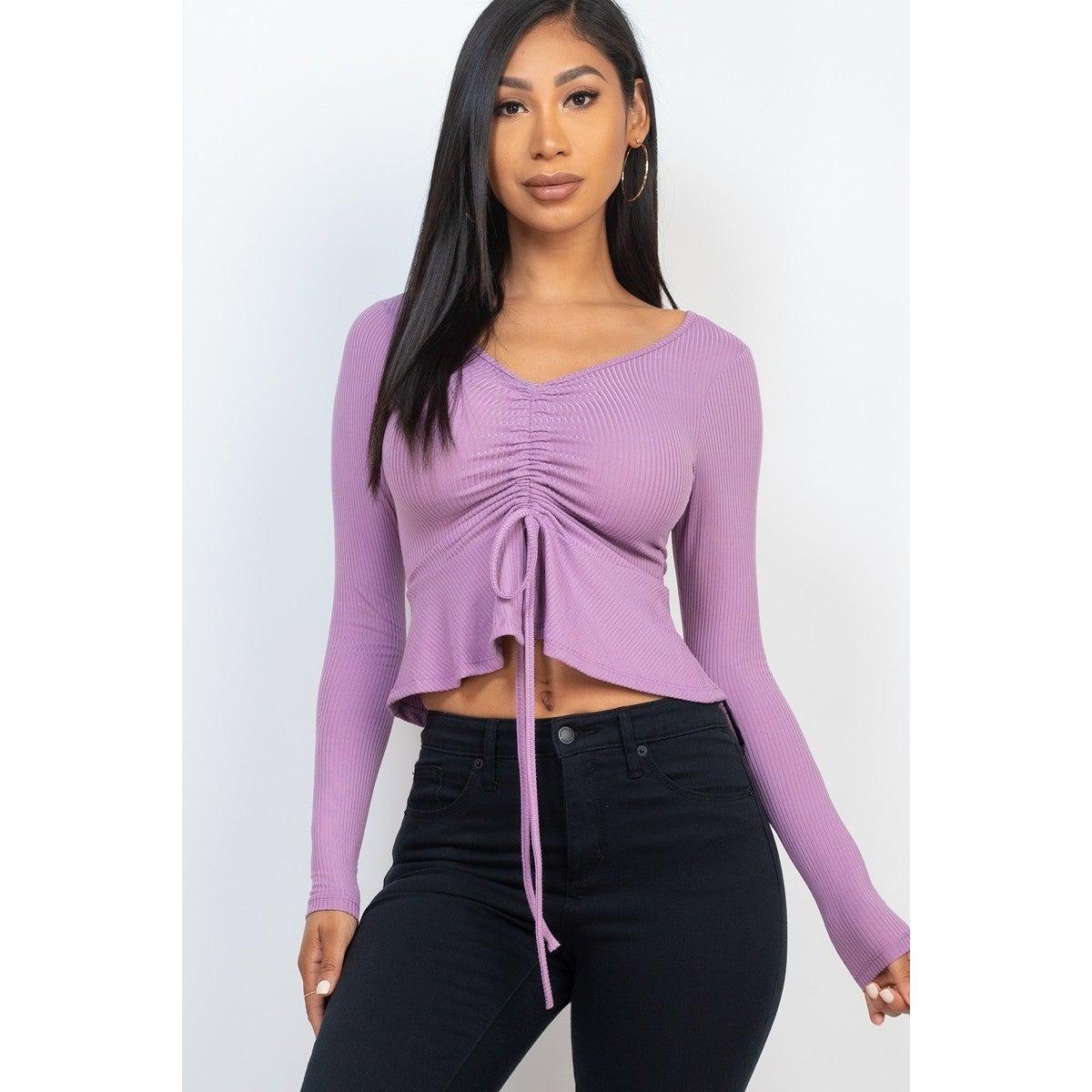 Ribbed Drawstring Front Long Sleeve Peplum Top