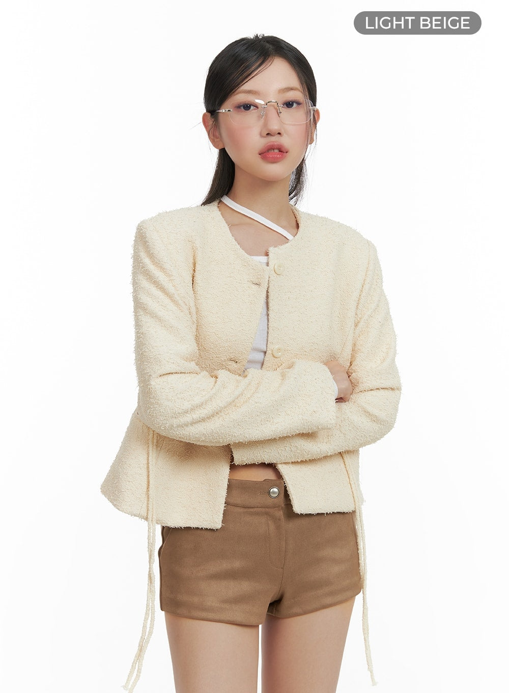 Round Neck Minimal Tweed Jacket CA409