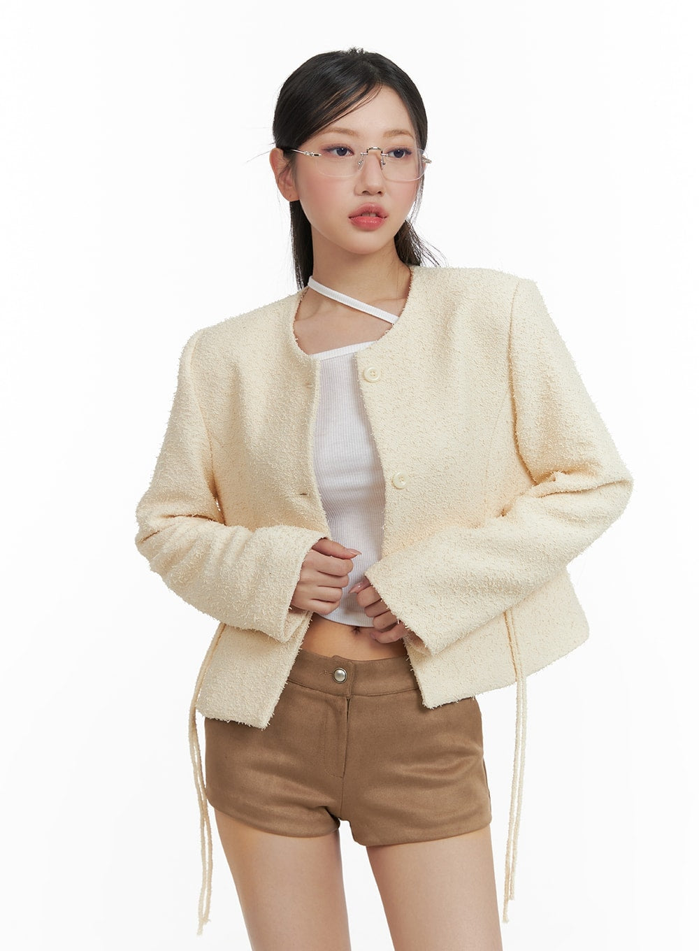 Round Neck Minimal Tweed Jacket CA409