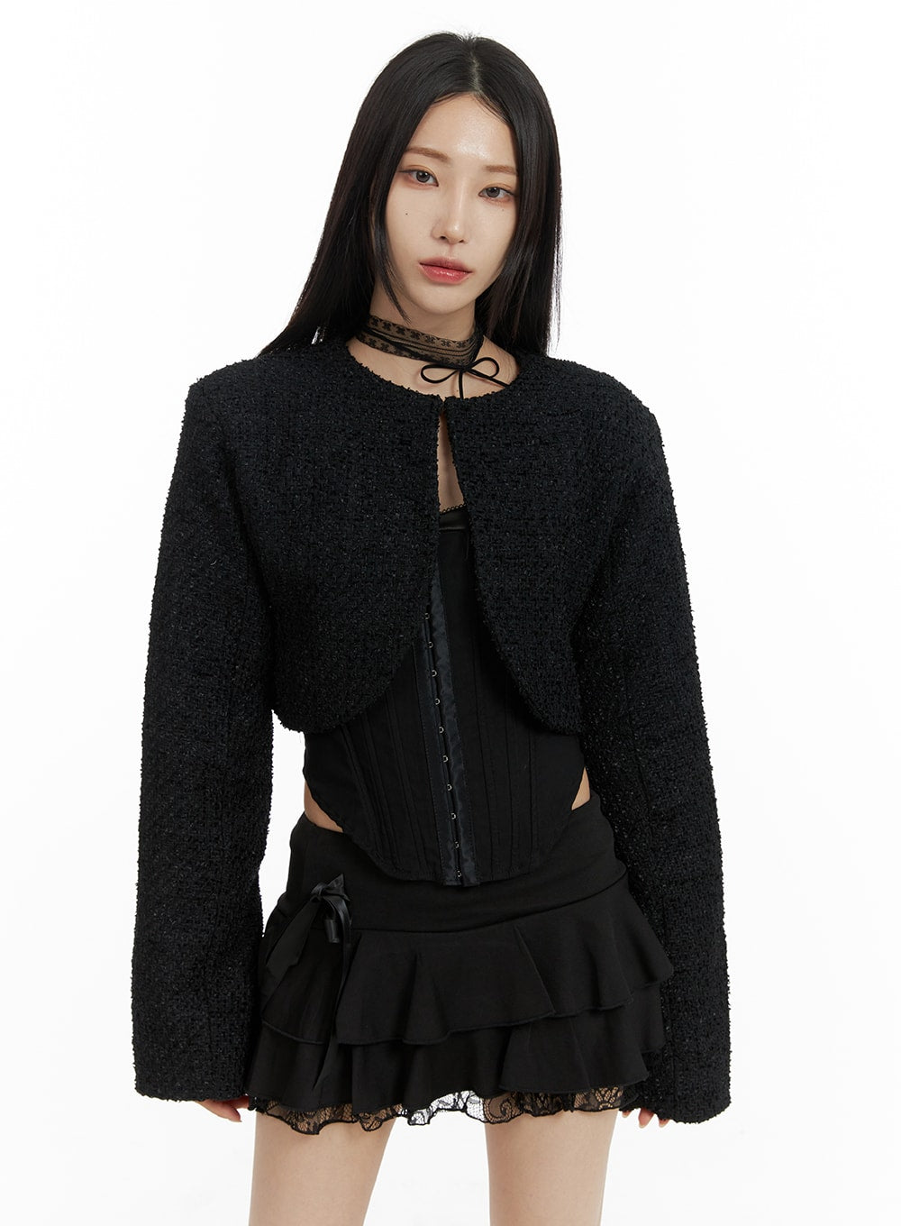 Round Neck Tweed Crop Jacket CF429