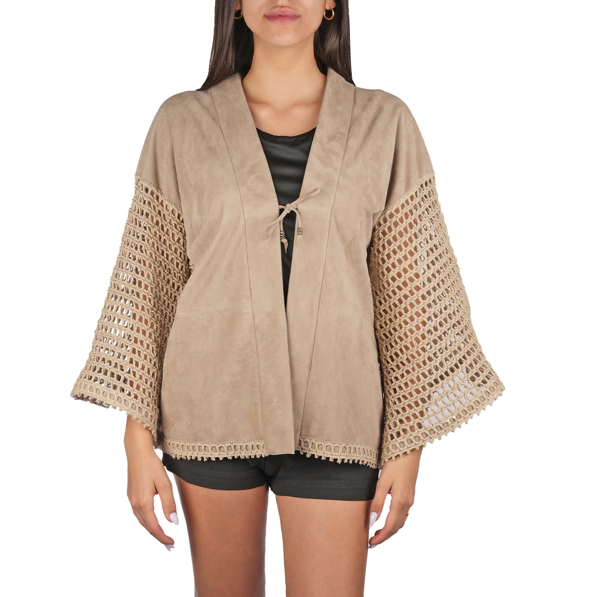 Suede and Crochet Kimono Beige