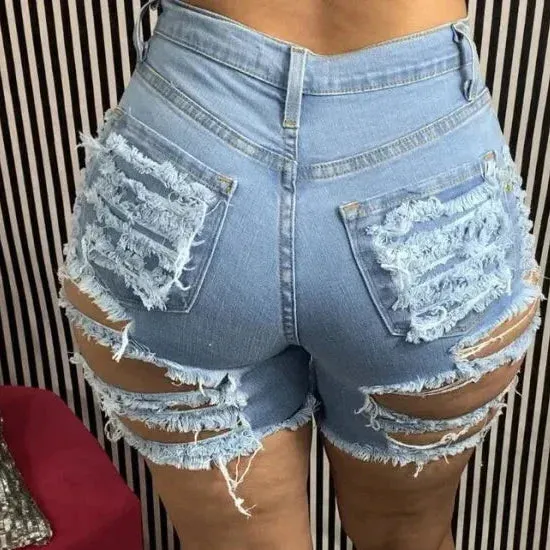 Summer Ripped Sexy Solid Pattern High Waist Denim Shorts for Women