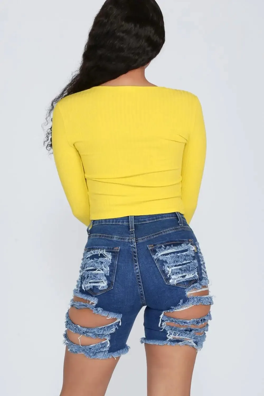 Summer Ripped Sexy Solid Pattern High Waist Denim Shorts for Women