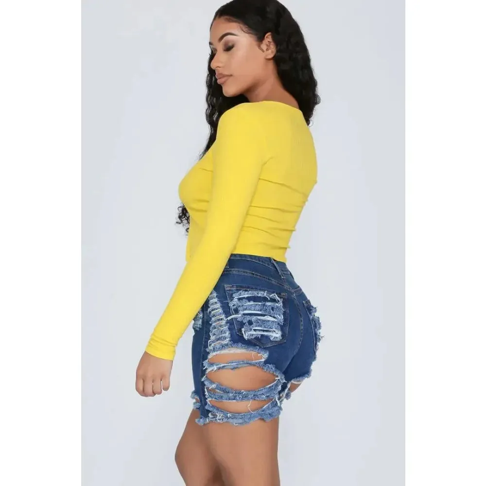 Summer Ripped Sexy Solid Pattern High Waist Denim Shorts for Women