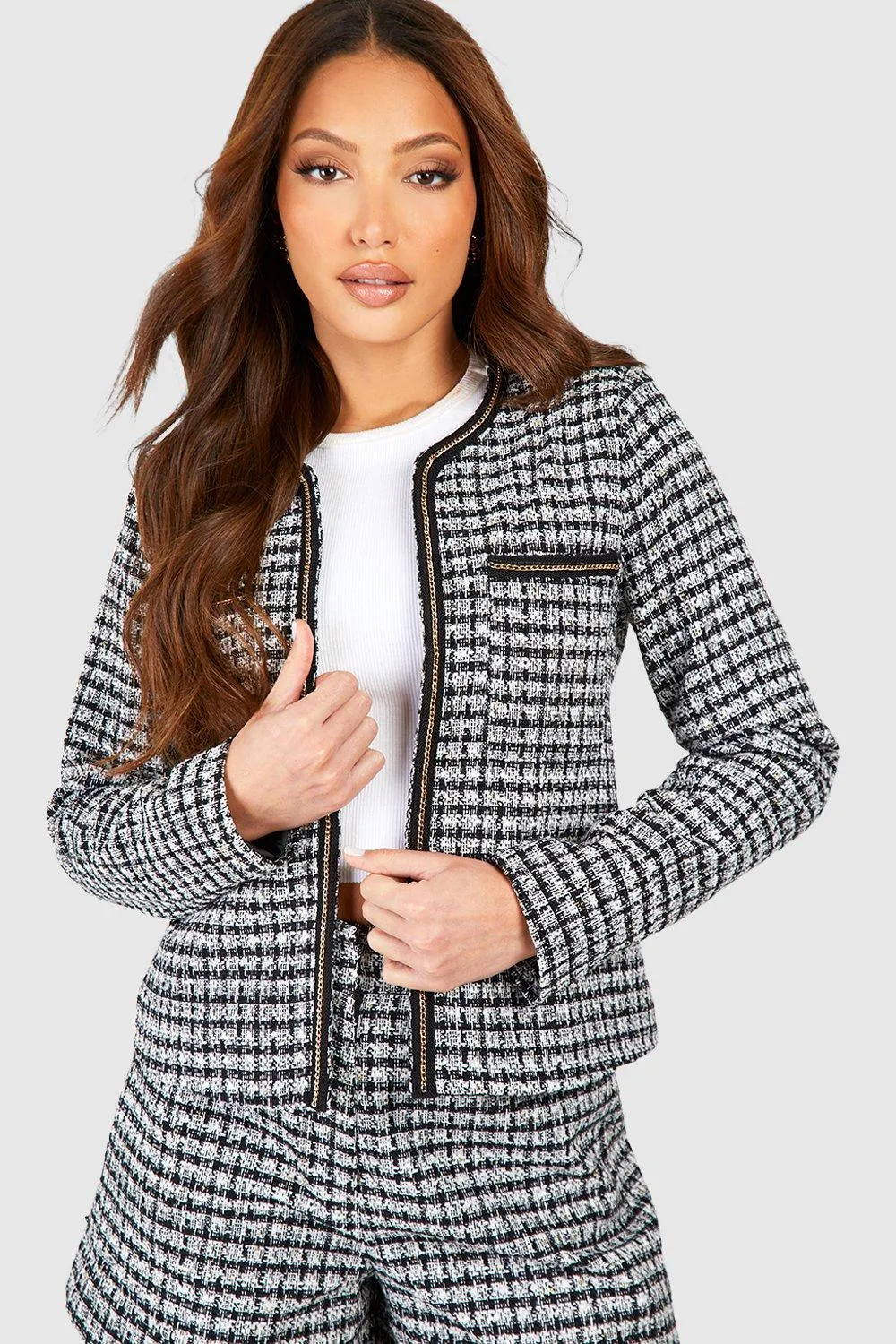 Tall Metal Trim Boucle Boxy Jacket