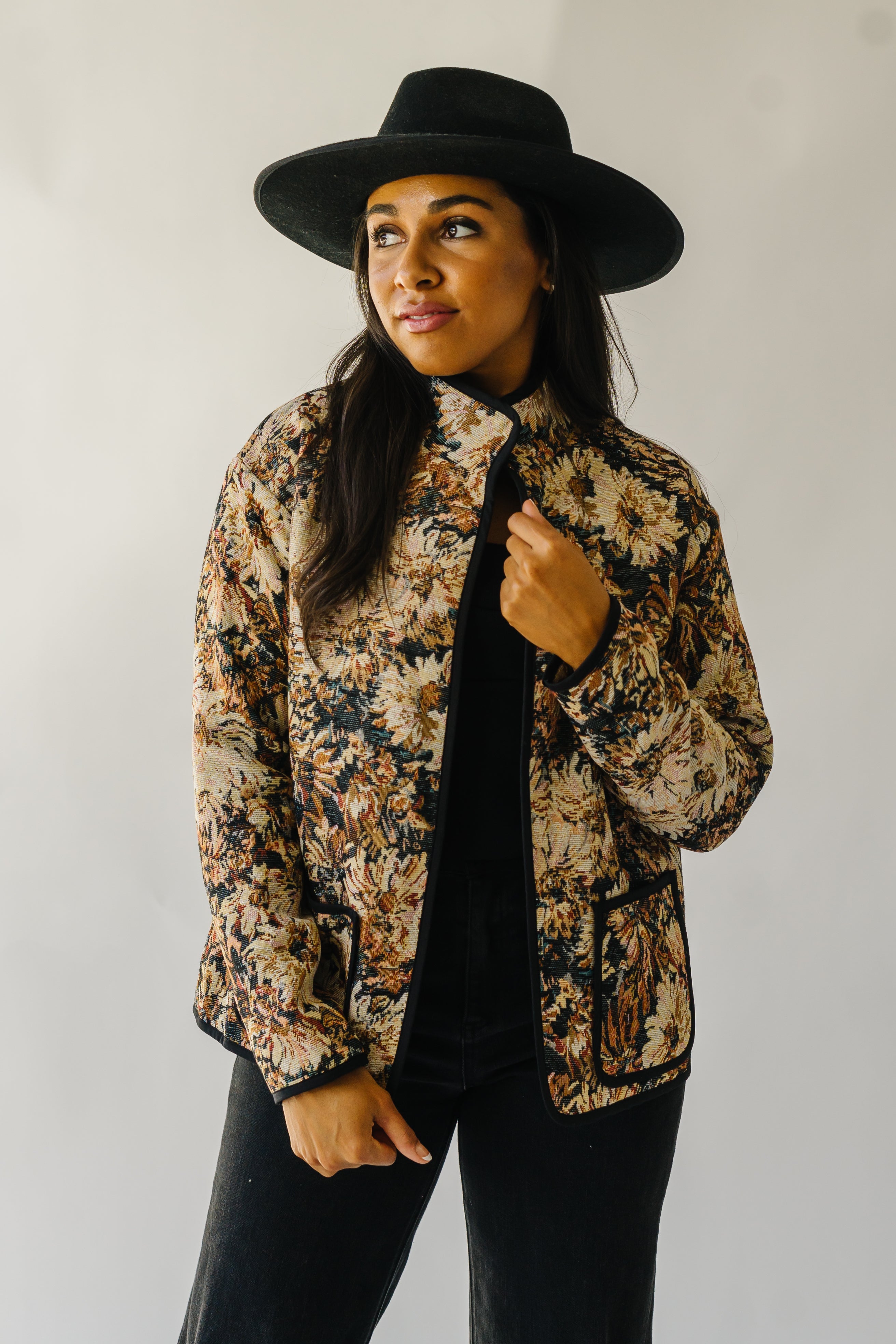 The Ellenton Floral Tapestry Jacket in Black + Natural