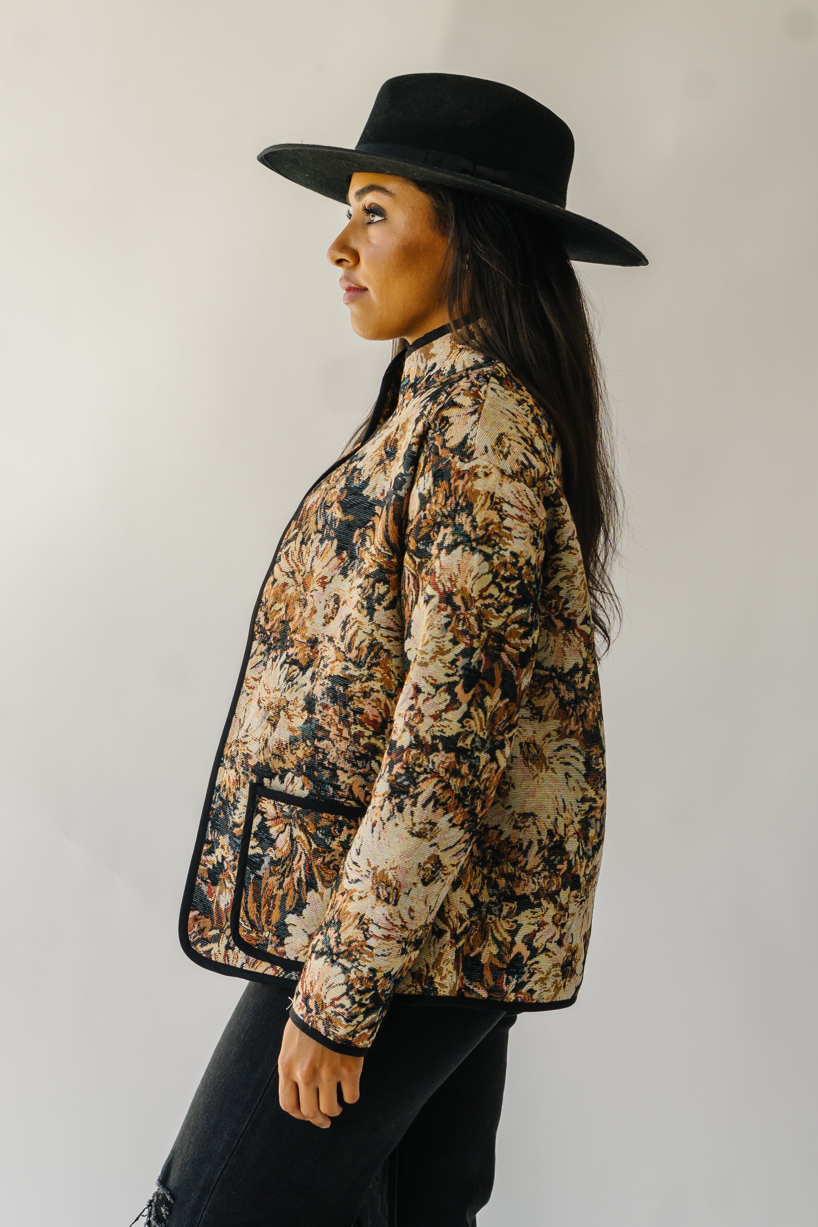 The Ellenton Floral Tapestry Jacket in Black + Natural