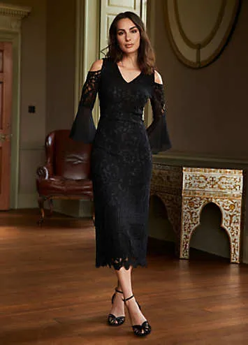 Together Black Lace Cold Shoulder Midi Dress | Grattan