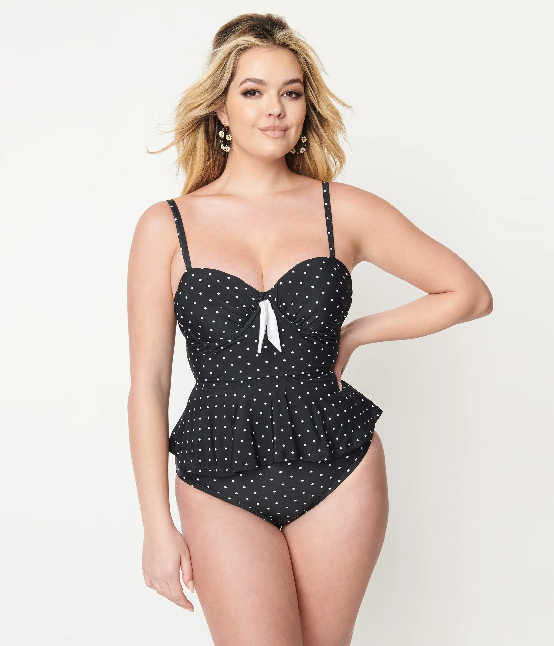 Unique Vintage Black & White Pin Dot Peplum Solana Tankini Swim Top