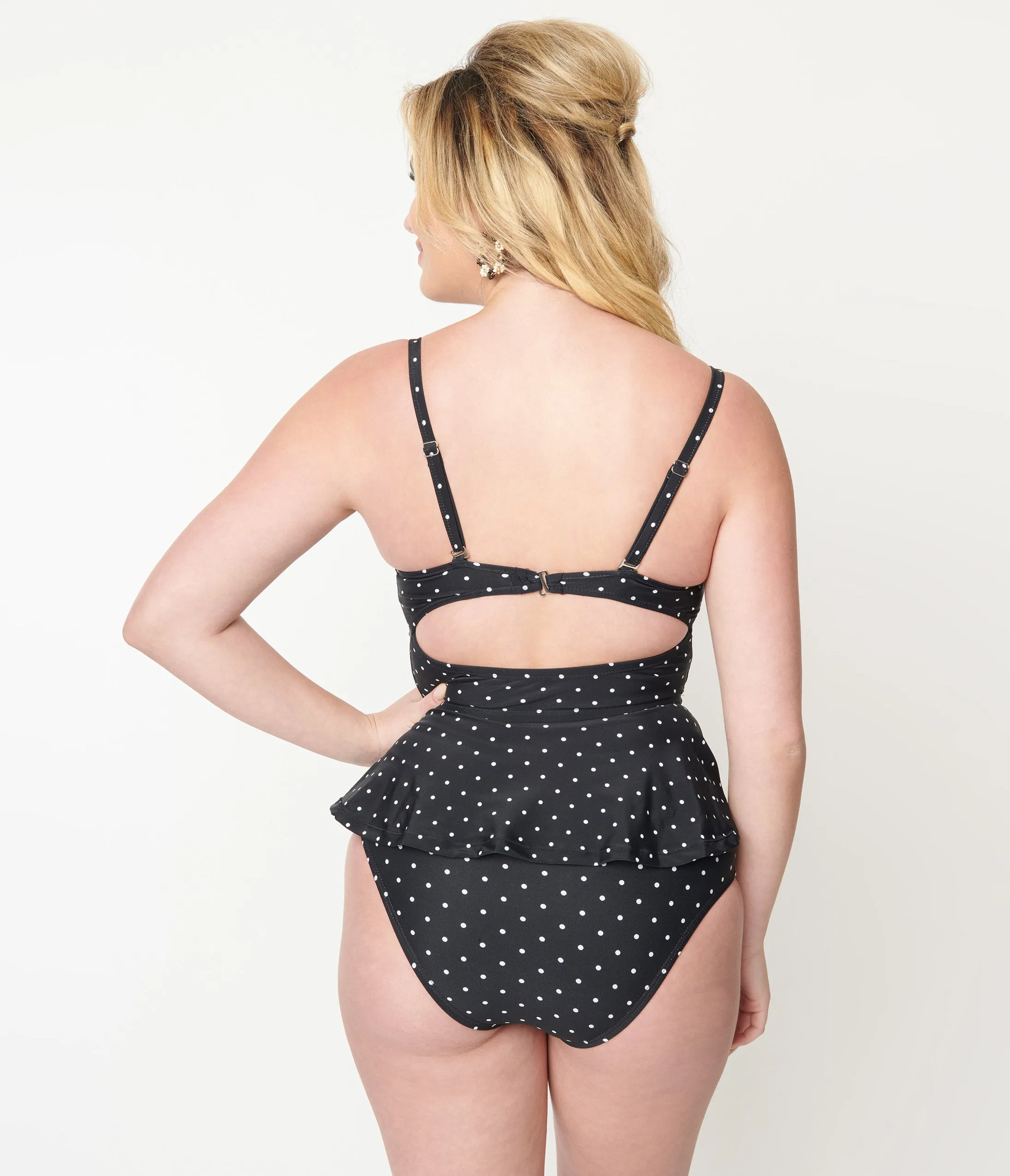 Unique Vintage Black & White Pin Dot Peplum Solana Tankini Swim Top