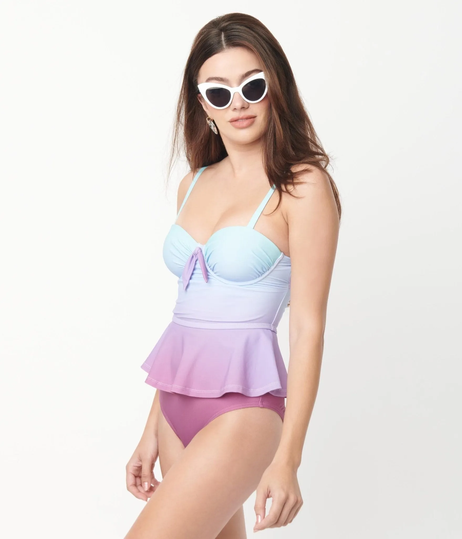 Unique Vintage Blue & Purple Ombre Peplum Solana Tankini Swim Top