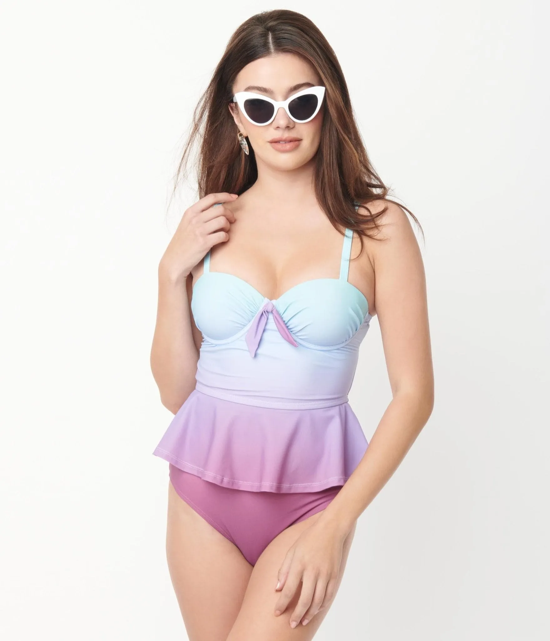 Unique Vintage Blue & Purple Ombre Peplum Solana Tankini Swim Top