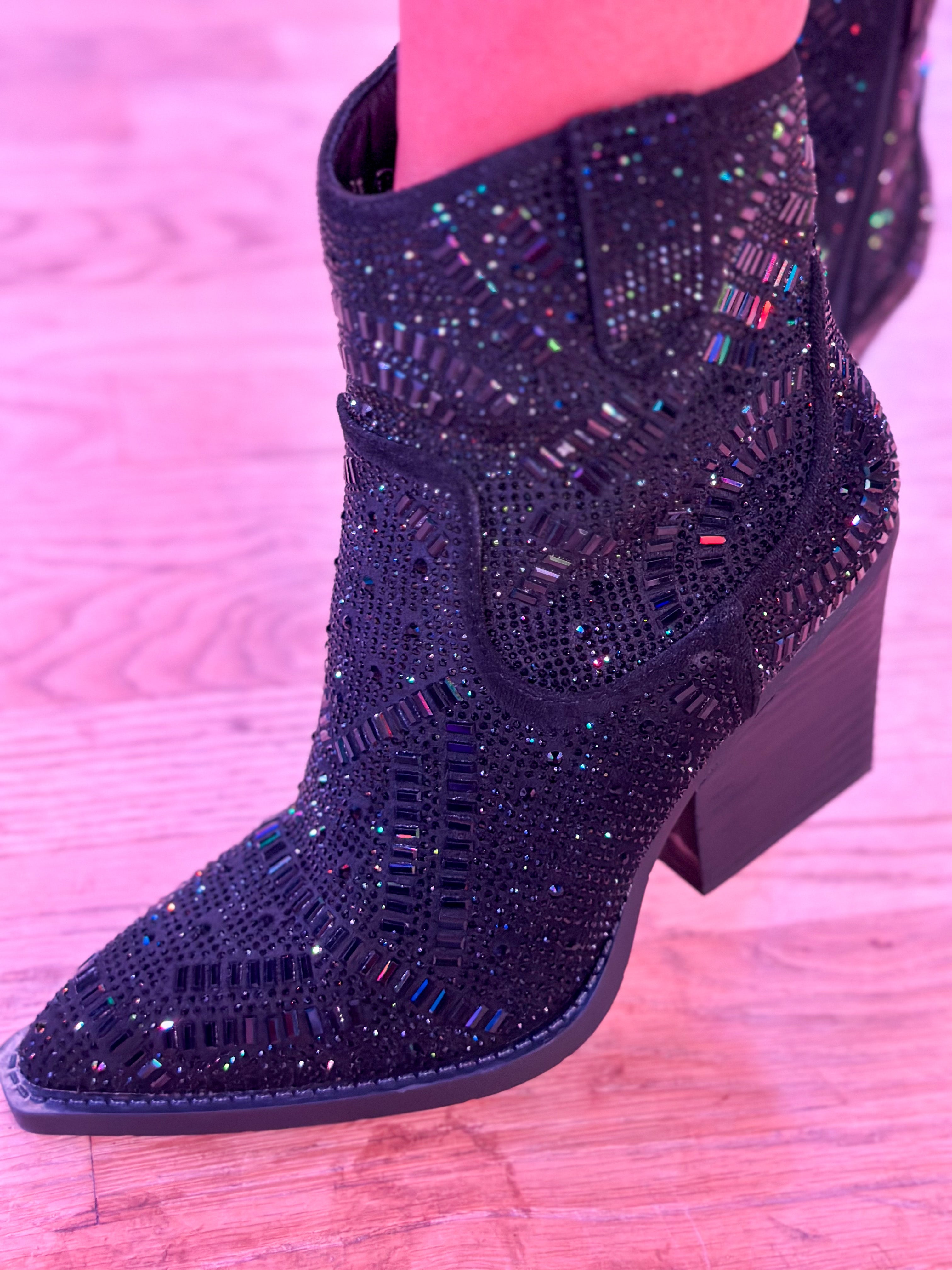 Very G Mazee Black Rhinestone Ankle Boot