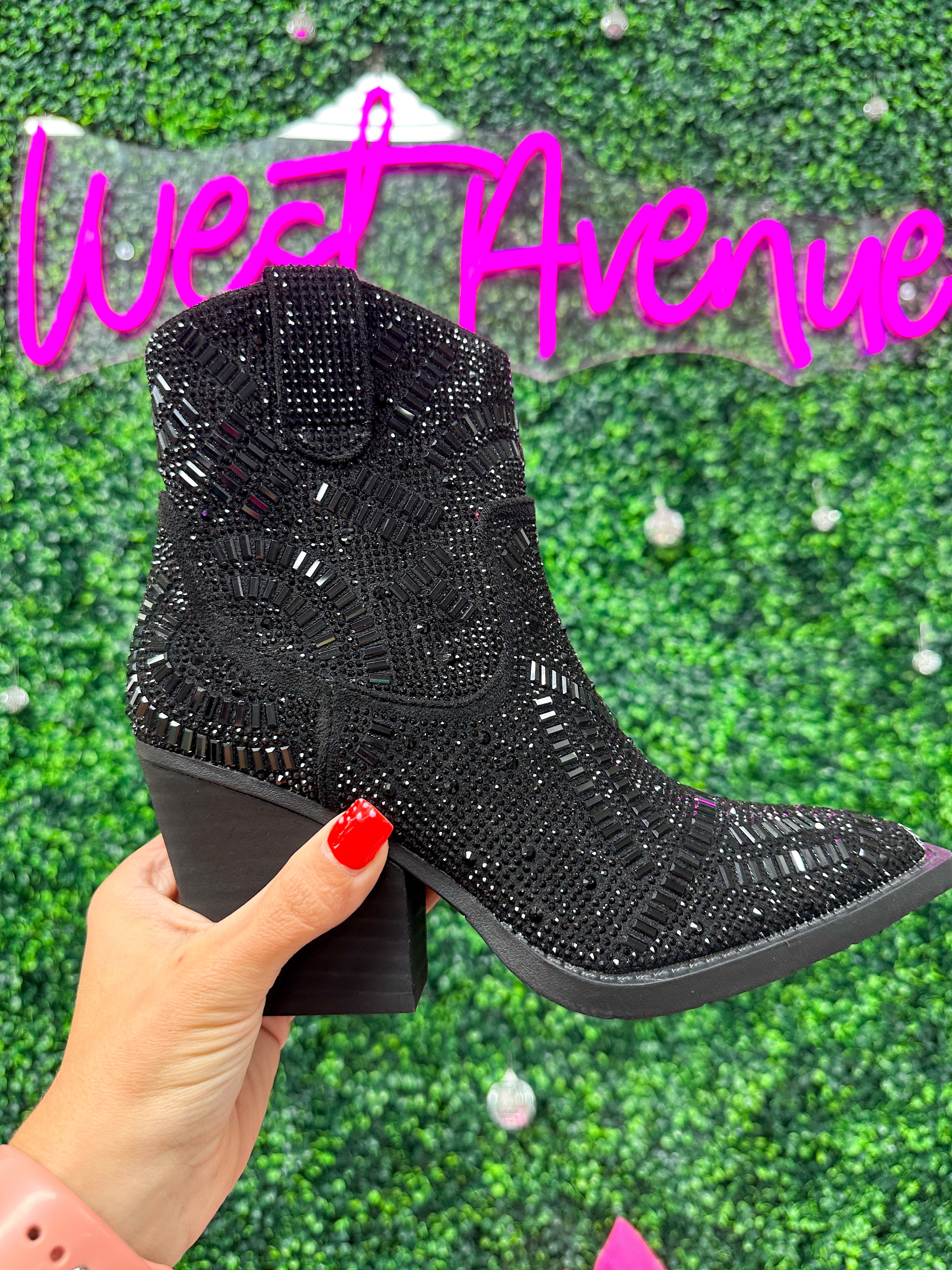 Very G Mazee Black Rhinestone Ankle Boot