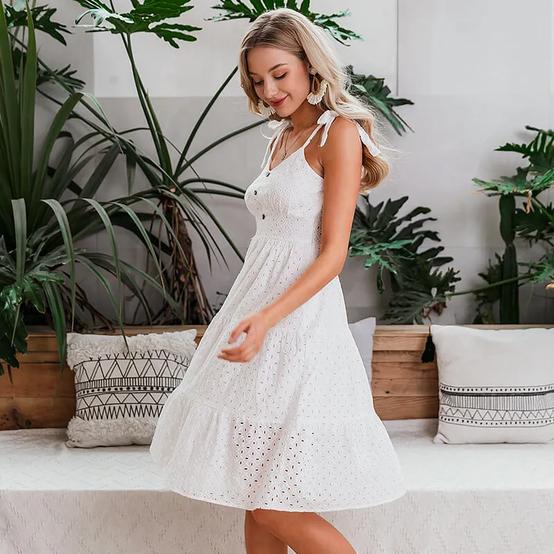 White Bow-knot Shoulder Embroidery Midi Backless Dress