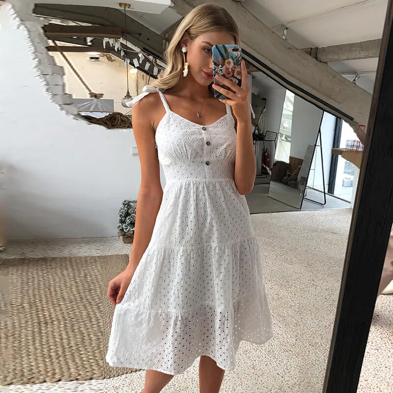 White Bow-knot Shoulder Embroidery Midi Backless Dress