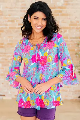 Willow Bell Sleeve Top in Bright Blue Floral