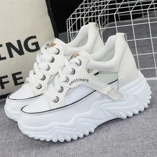 Womens White Leather Platform Sneakers