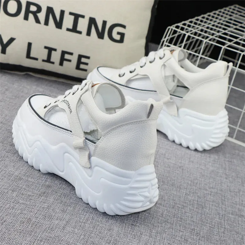 Womens White Leather Platform Sneakers