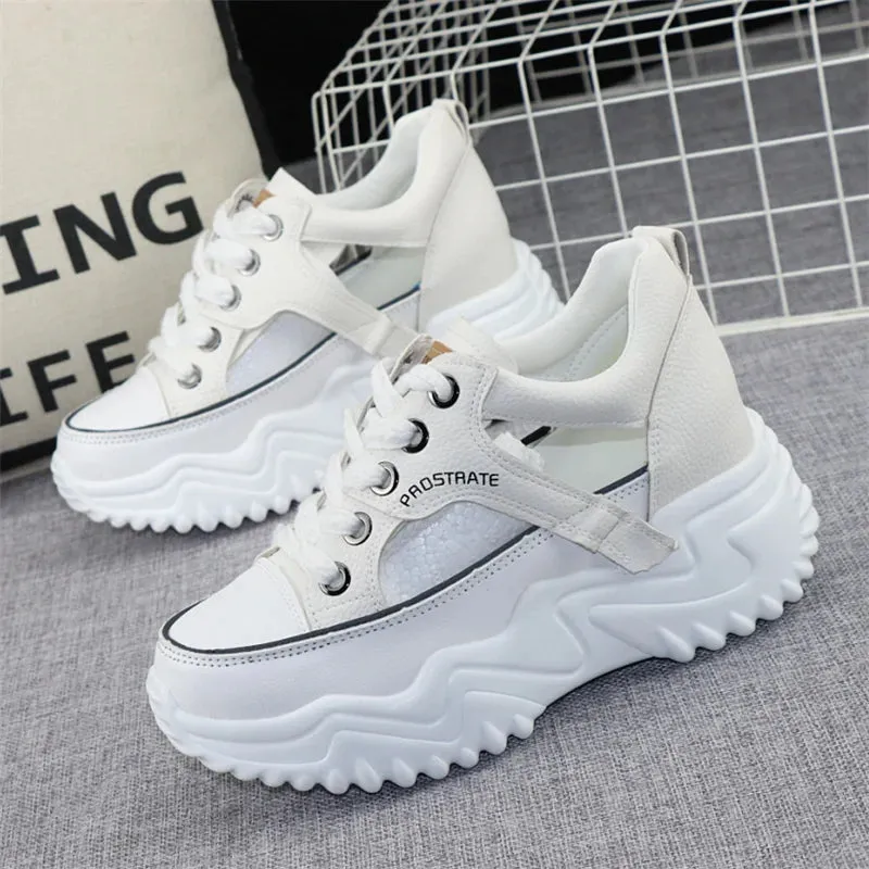 Womens White Leather Platform Sneakers