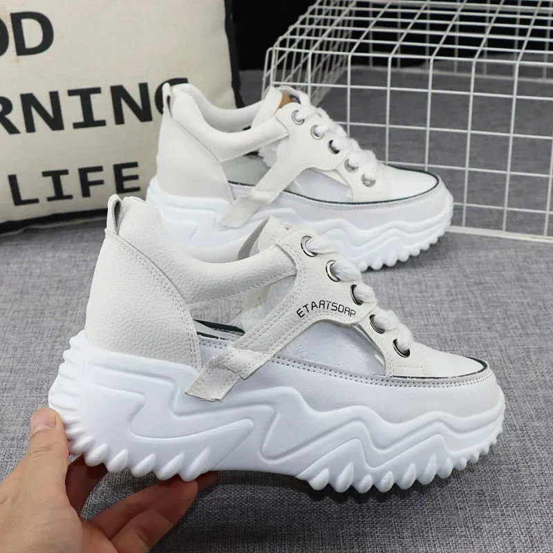 Womens White Leather Platform Sneakers