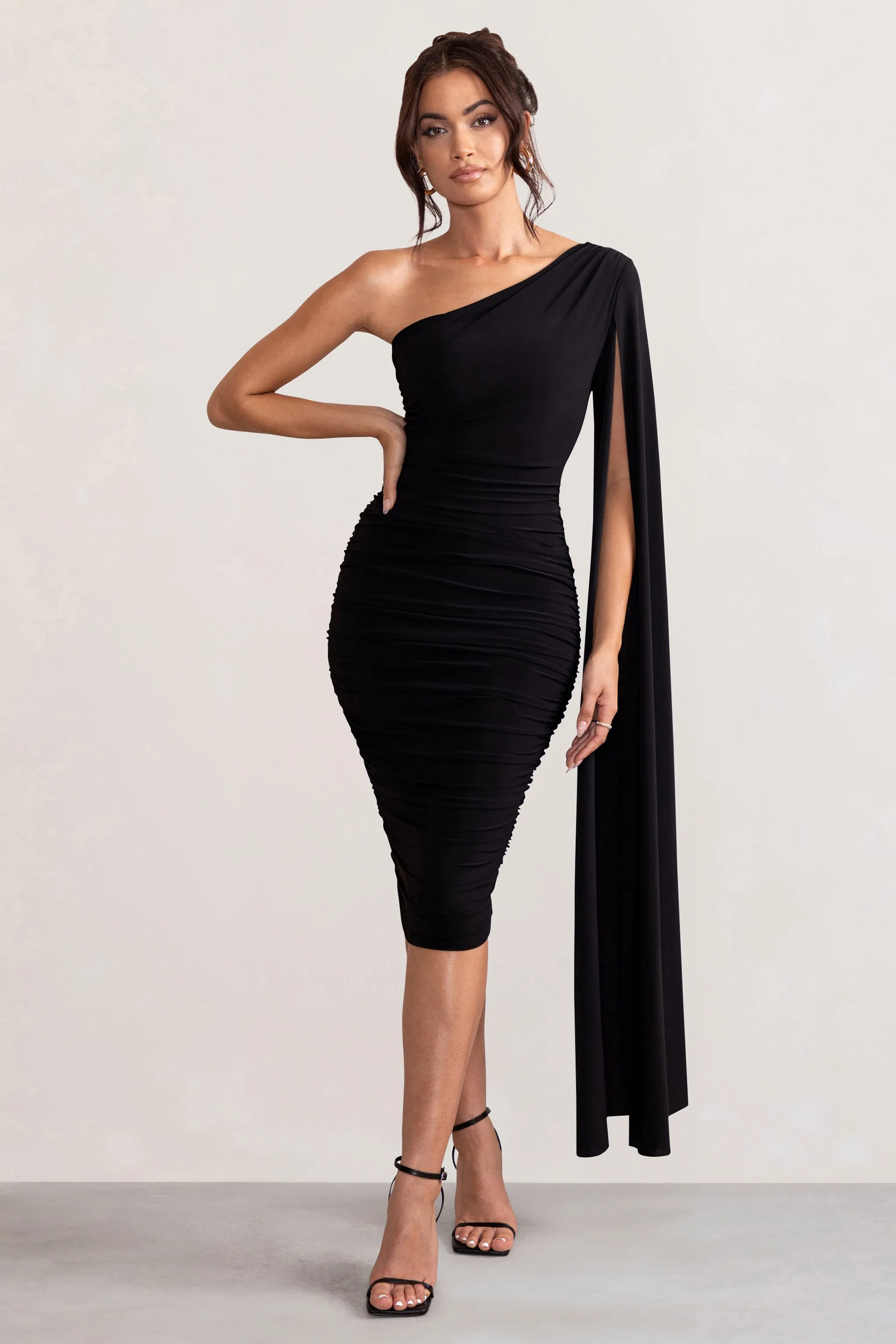 Yara | Black One Shoulder Cape Ruched Midi Dress